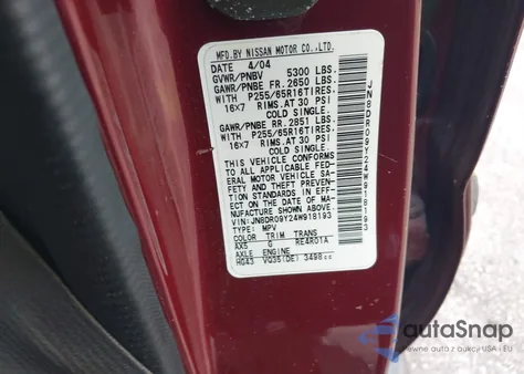 2004 Nissan Pathfinder Se из США, поврежденный, VIN JN8DR09Y24W918193